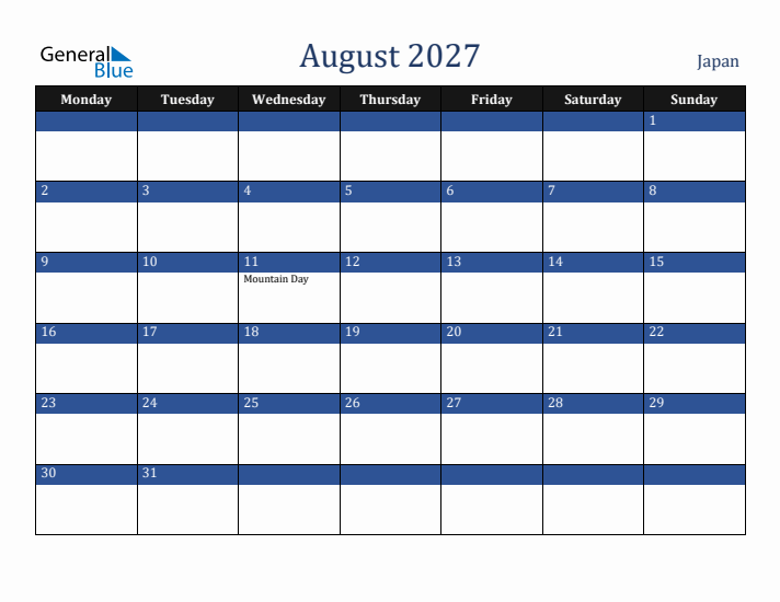 August 2027 Japan Calendar (Monday Start)