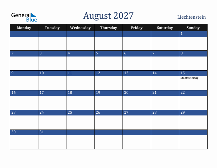 August 2027 Liechtenstein Calendar (Monday Start)