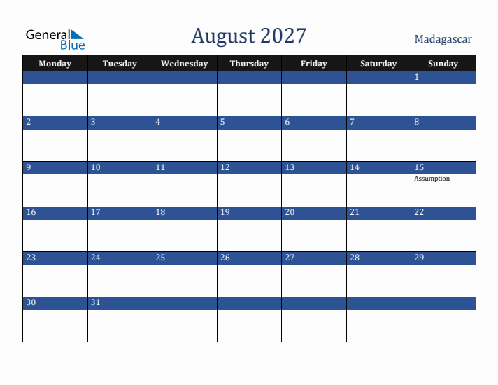 August 2027 Madagascar Calendar (Monday Start)