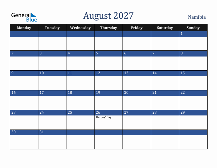 August 2027 Namibia Calendar (Monday Start)