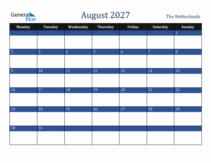 August 2027 The Netherlands Calendar (Monday Start)