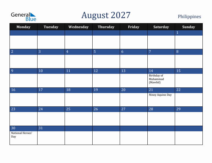 August 2027 Philippines Calendar (Monday Start)