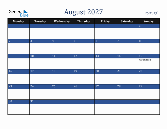 August 2027 Portugal Calendar (Monday Start)