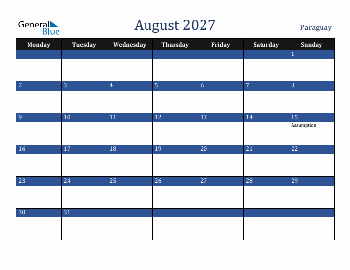 August 2027 Paraguay Calendar (Monday Start)