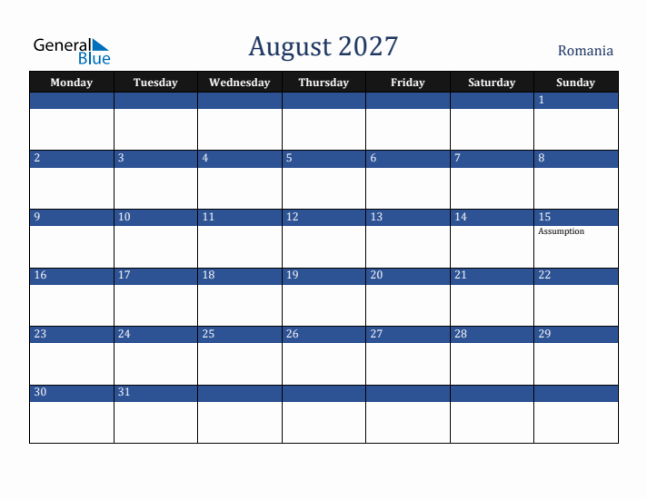 August 2027 Romania Calendar (Monday Start)