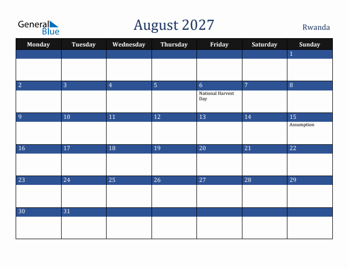 August 2027 Rwanda Calendar (Monday Start)