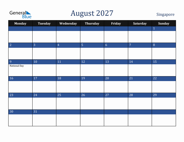 August 2027 Singapore Calendar (Monday Start)