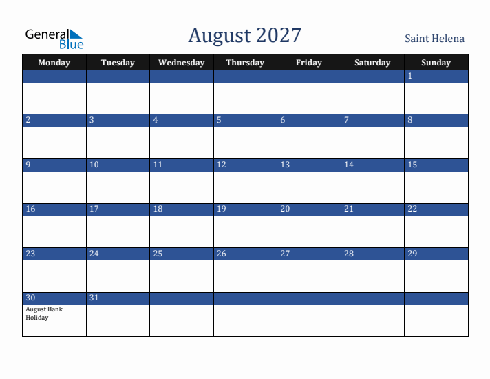 August 2027 Saint Helena Calendar (Monday Start)
