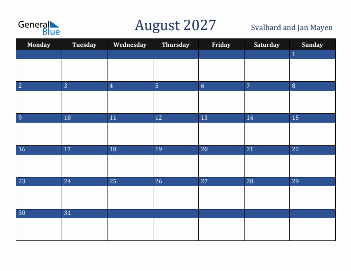 August 2027 Svalbard and Jan Mayen Calendar (Monday Start)