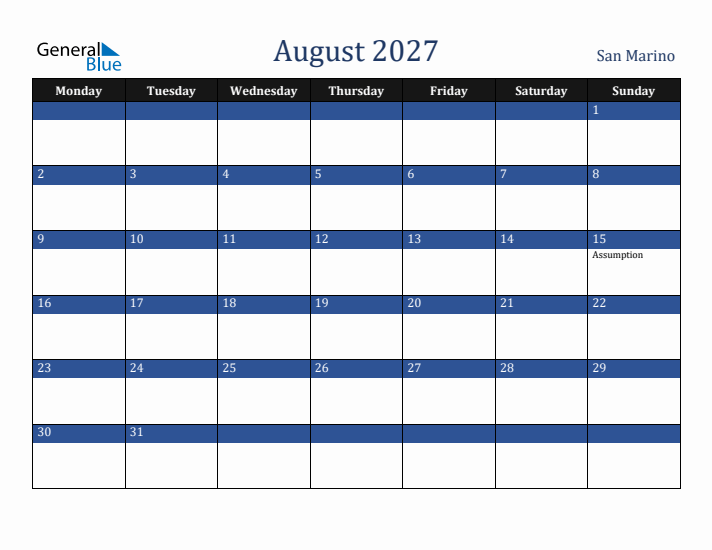August 2027 San Marino Calendar (Monday Start)