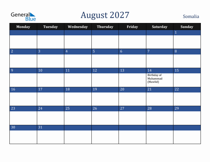 August 2027 Somalia Calendar (Monday Start)