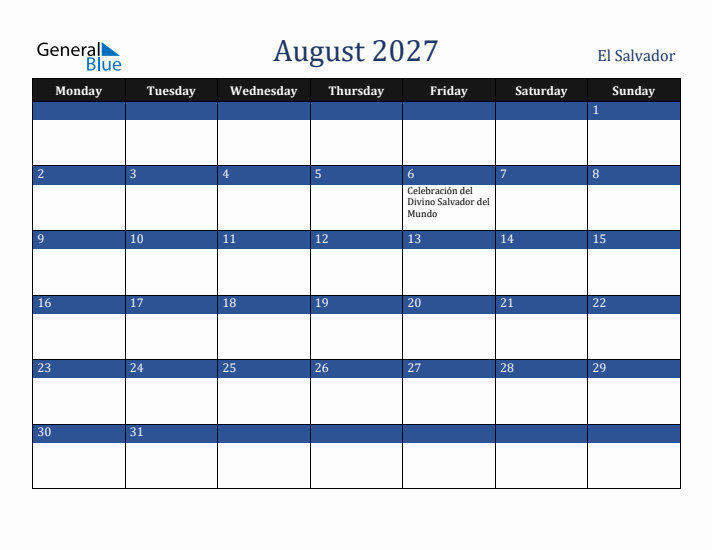 August 2027 El Salvador Calendar (Monday Start)