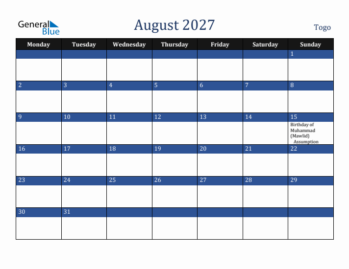 August 2027 Togo Calendar (Monday Start)