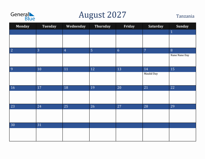 August 2027 Tanzania Calendar (Monday Start)