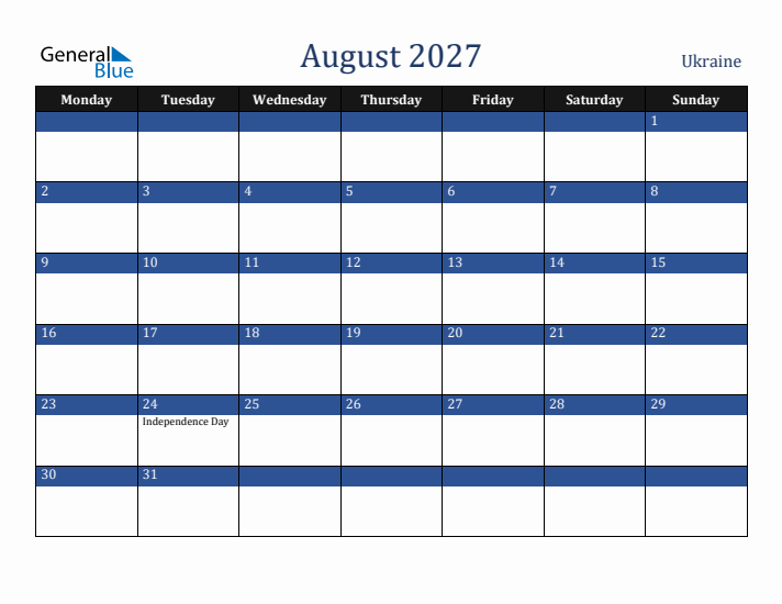 August 2027 Ukraine Calendar (Monday Start)