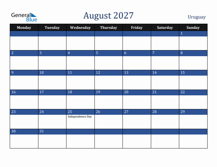 August 2027 Uruguay Calendar (Monday Start)