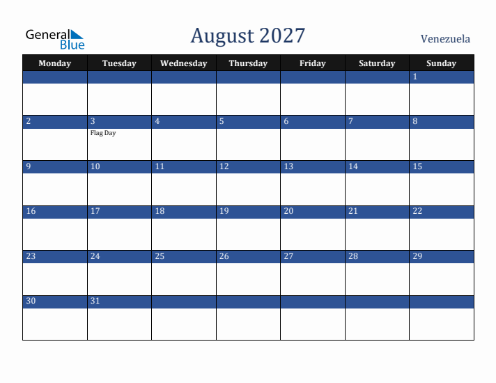 August 2027 Venezuela Calendar (Monday Start)