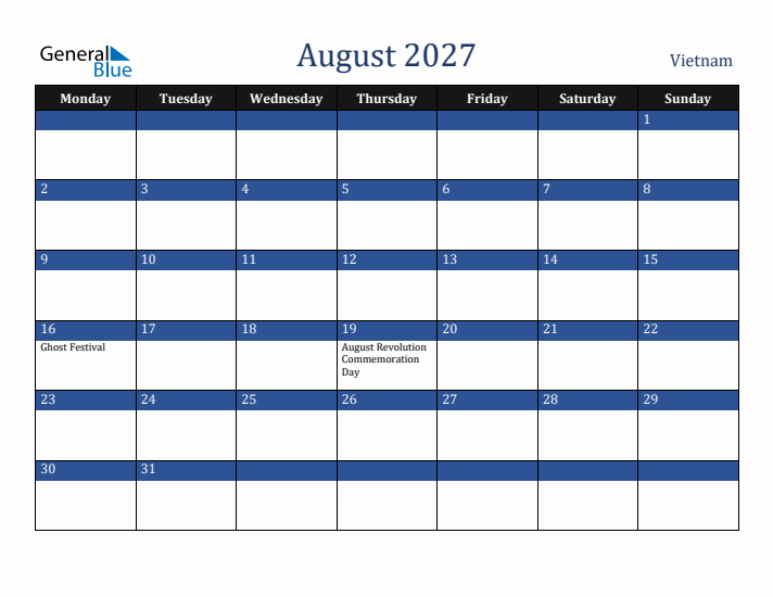 August 2027 Vietnam Calendar (Monday Start)
