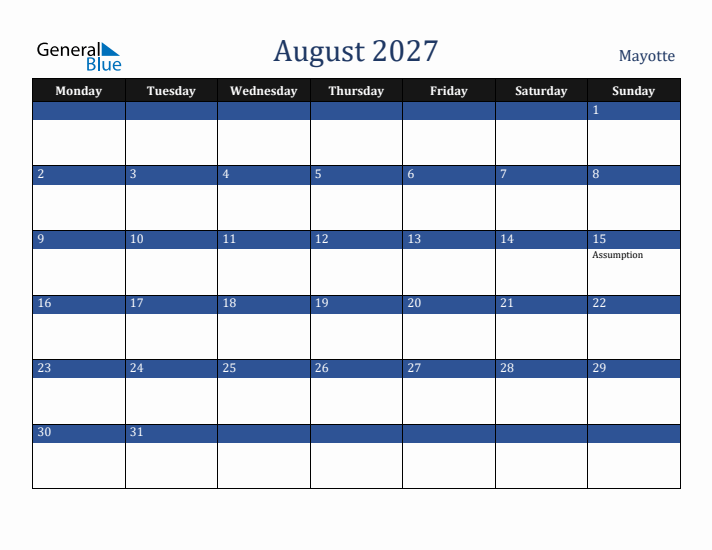 August 2027 Mayotte Calendar (Monday Start)