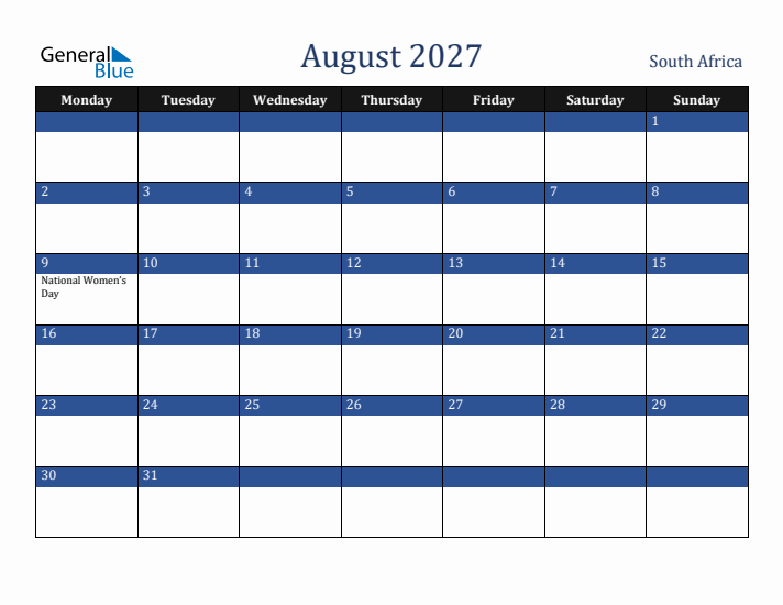 August 2027 South Africa Calendar (Monday Start)