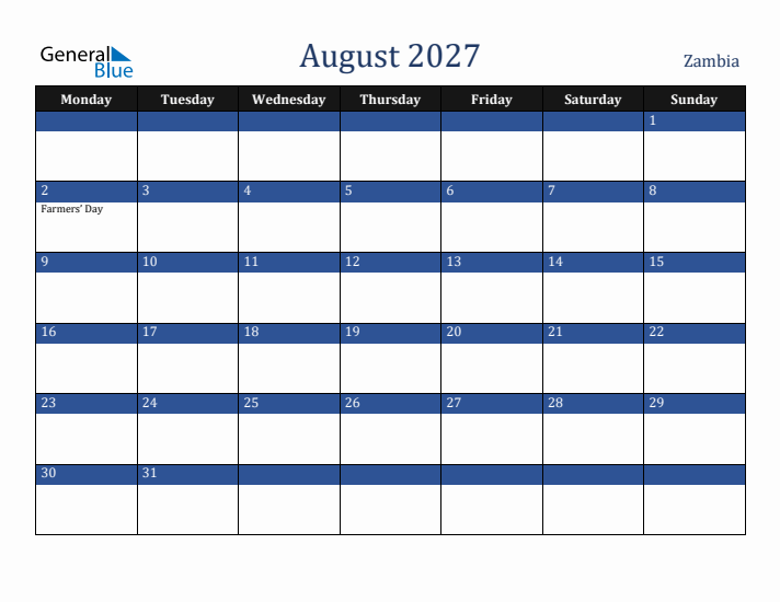 August 2027 Zambia Calendar (Monday Start)