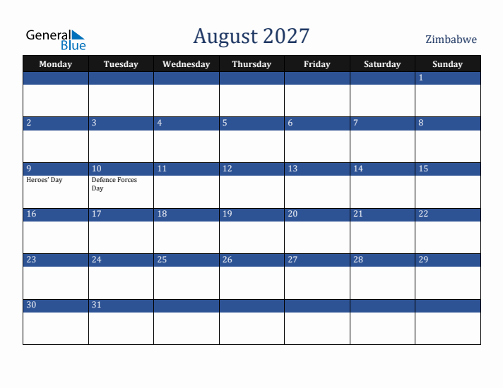 August 2027 Zimbabwe Calendar (Monday Start)