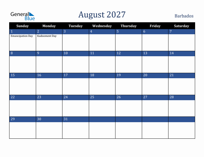 August 2027 Barbados Calendar (Sunday Start)