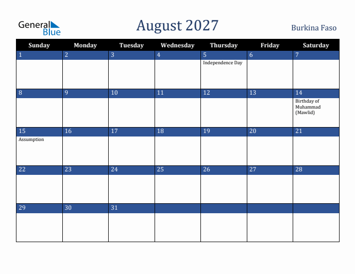 August 2027 Burkina Faso Calendar (Sunday Start)