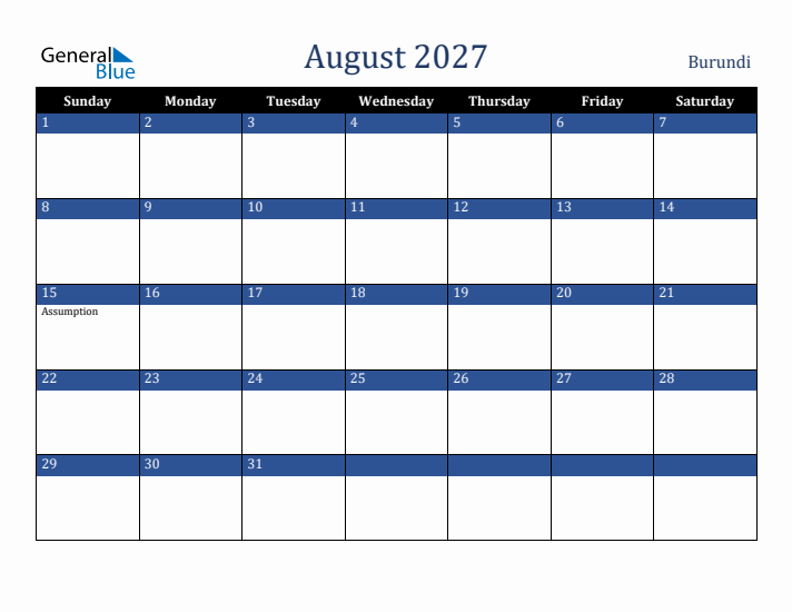 August 2027 Burundi Calendar (Sunday Start)