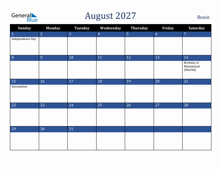 August 2027 Benin Calendar (Sunday Start)
