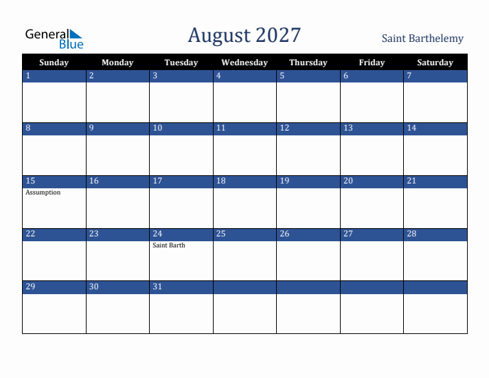 August 2027 Saint Barthelemy Calendar (Sunday Start)