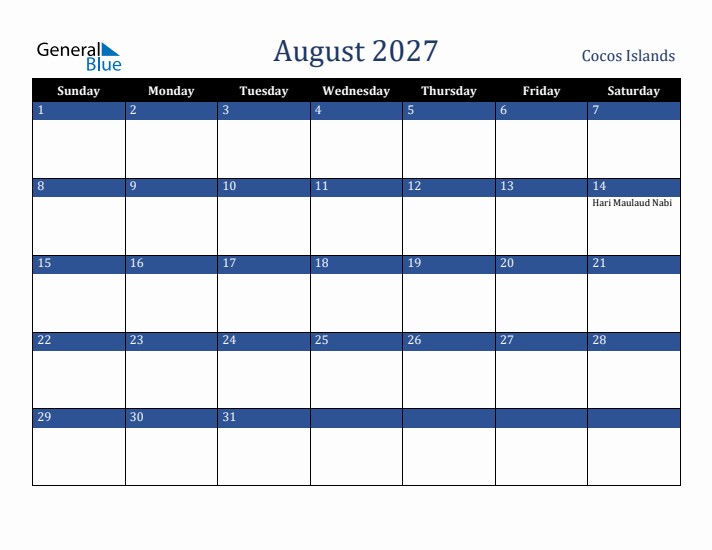 August 2027 Cocos Islands Calendar (Sunday Start)