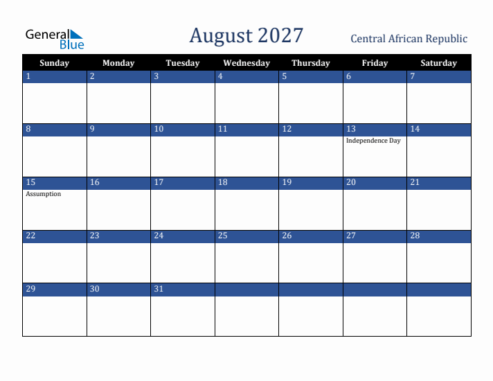 August 2027 Central African Republic Calendar (Sunday Start)
