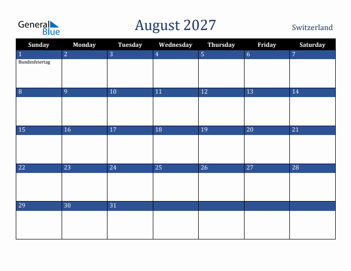 August 2027 Switzerland Calendar (Sunday Start)