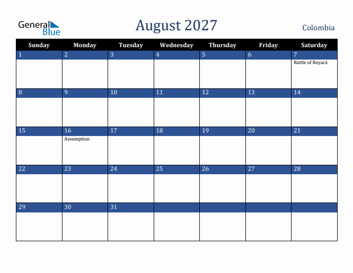 August 2027 Colombia Calendar (Sunday Start)