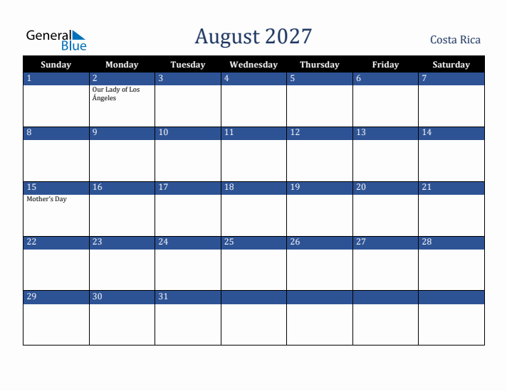 August 2027 Costa Rica Calendar (Sunday Start)