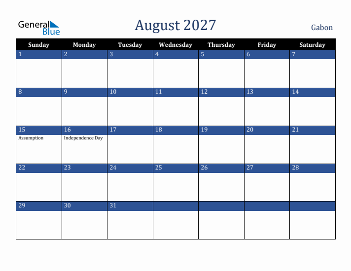 August 2027 Gabon Calendar (Sunday Start)