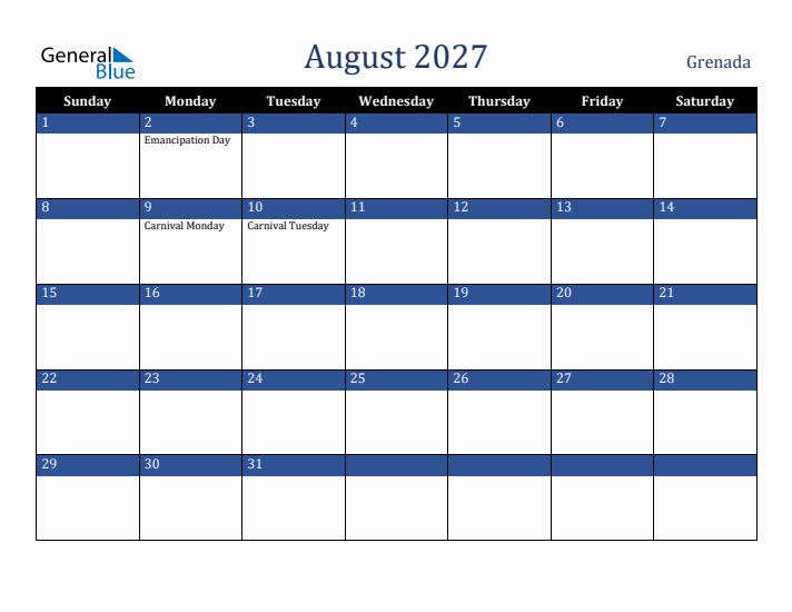 August 2027 Grenada Calendar (Sunday Start)