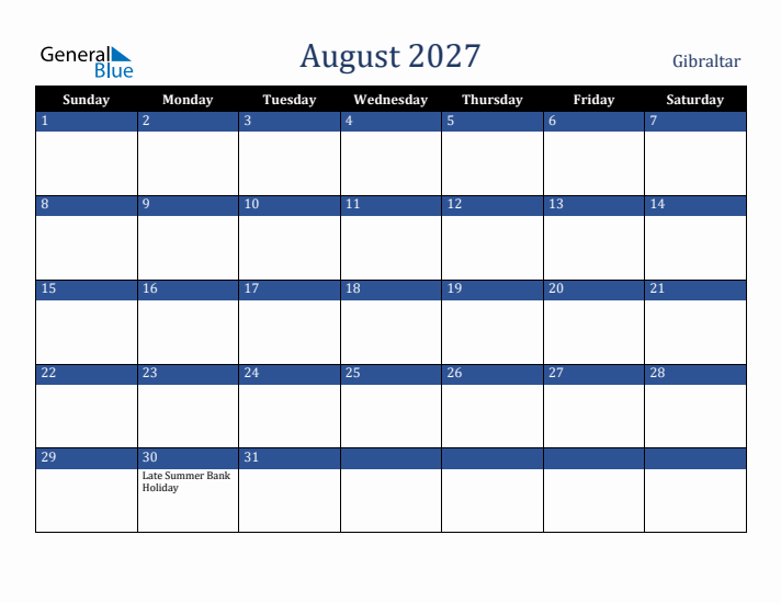 August 2027 Gibraltar Calendar (Sunday Start)