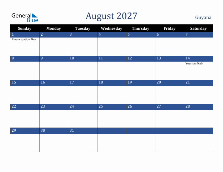 August 2027 Guyana Calendar (Sunday Start)