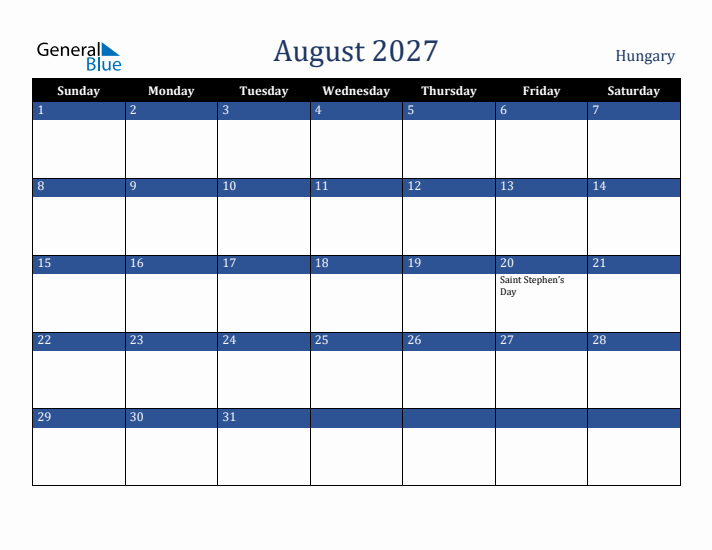 August 2027 Hungary Calendar (Sunday Start)