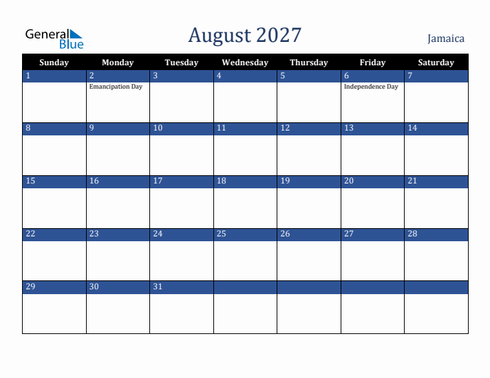 August 2027 Jamaica Calendar (Sunday Start)