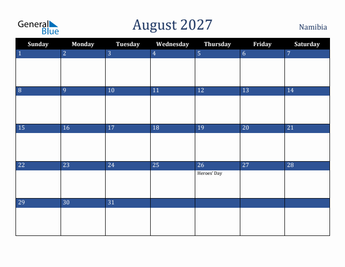 August 2027 Namibia Calendar (Sunday Start)