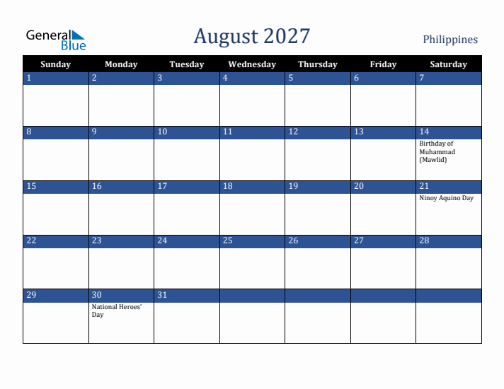 August 2027 Philippines Calendar (Sunday Start)