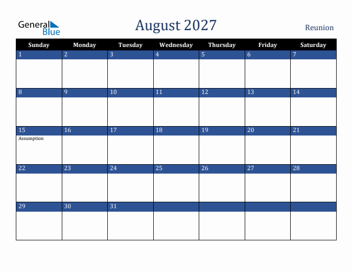 August 2027 Reunion Calendar (Sunday Start)