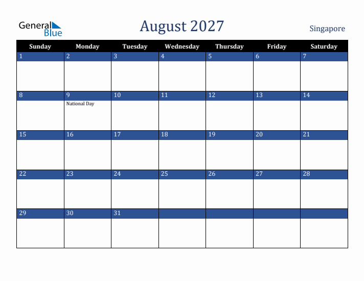August 2027 Singapore Calendar (Sunday Start)