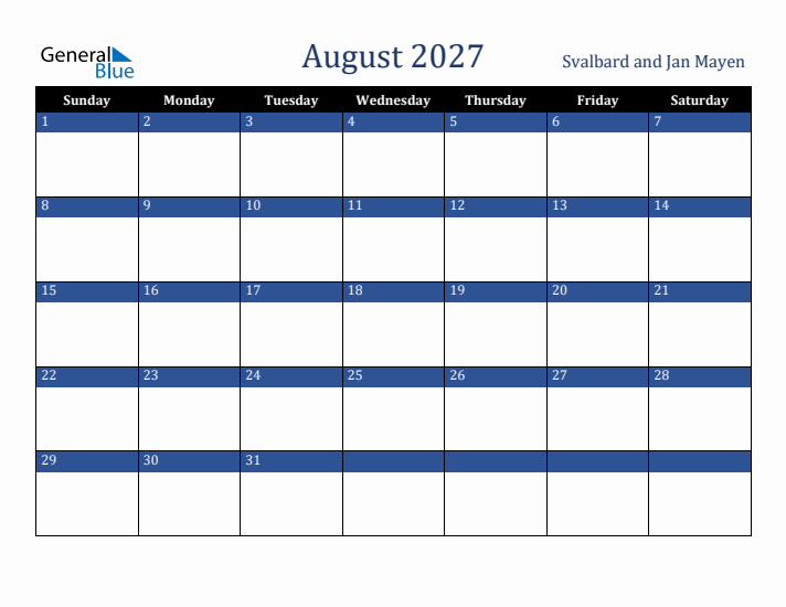 August 2027 Svalbard and Jan Mayen Calendar (Sunday Start)