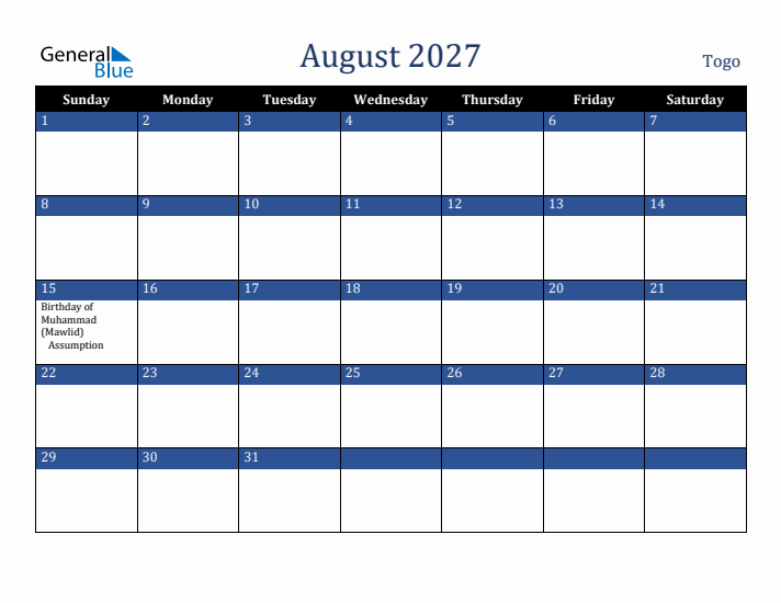 August 2027 Togo Calendar (Sunday Start)