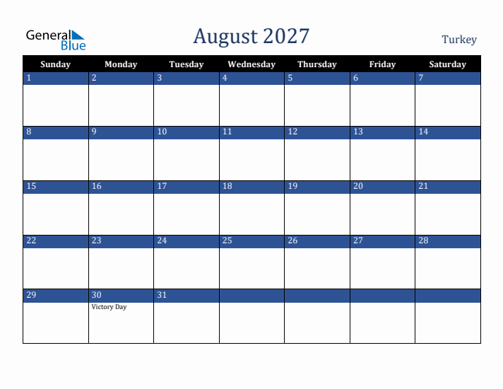 August 2027 Turkey Calendar (Sunday Start)