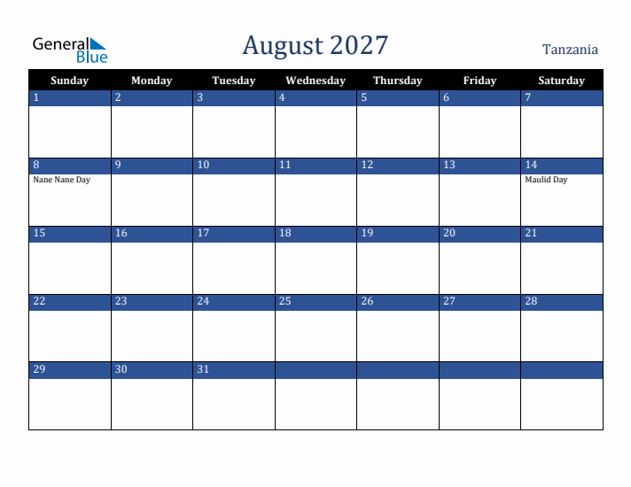 August 2027 Tanzania Calendar (Sunday Start)